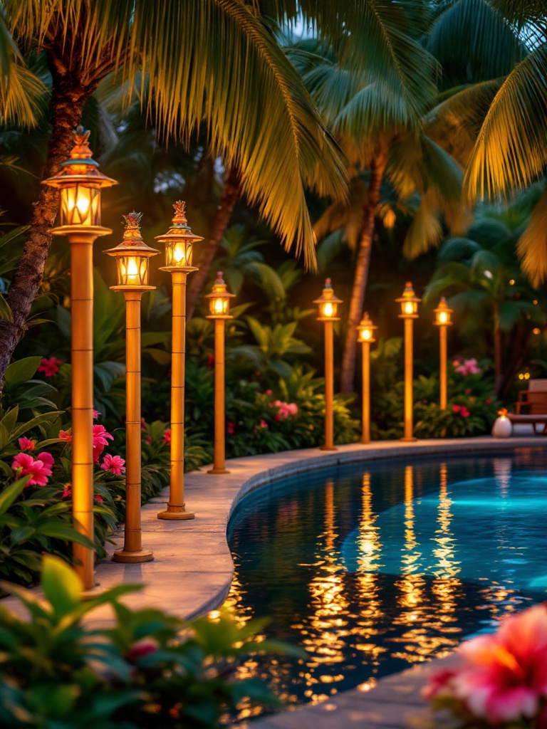 Torches positioned around a pool area, adding a tropical flair and enhancing the ambiance of a themed event.