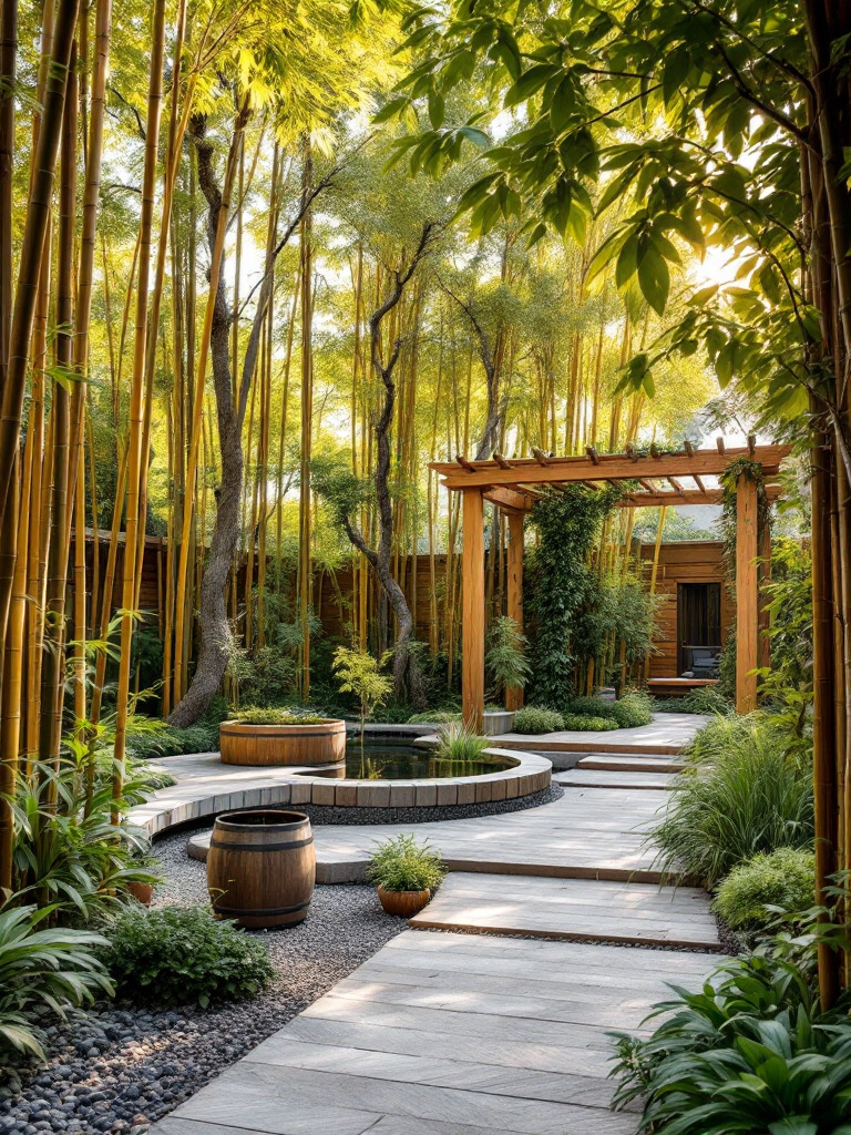 Backyard designed with sustainable options like bamboo, reclaimed wood