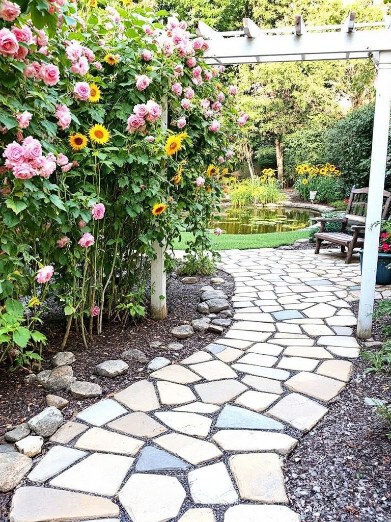 backyard designed with a DIY stone path