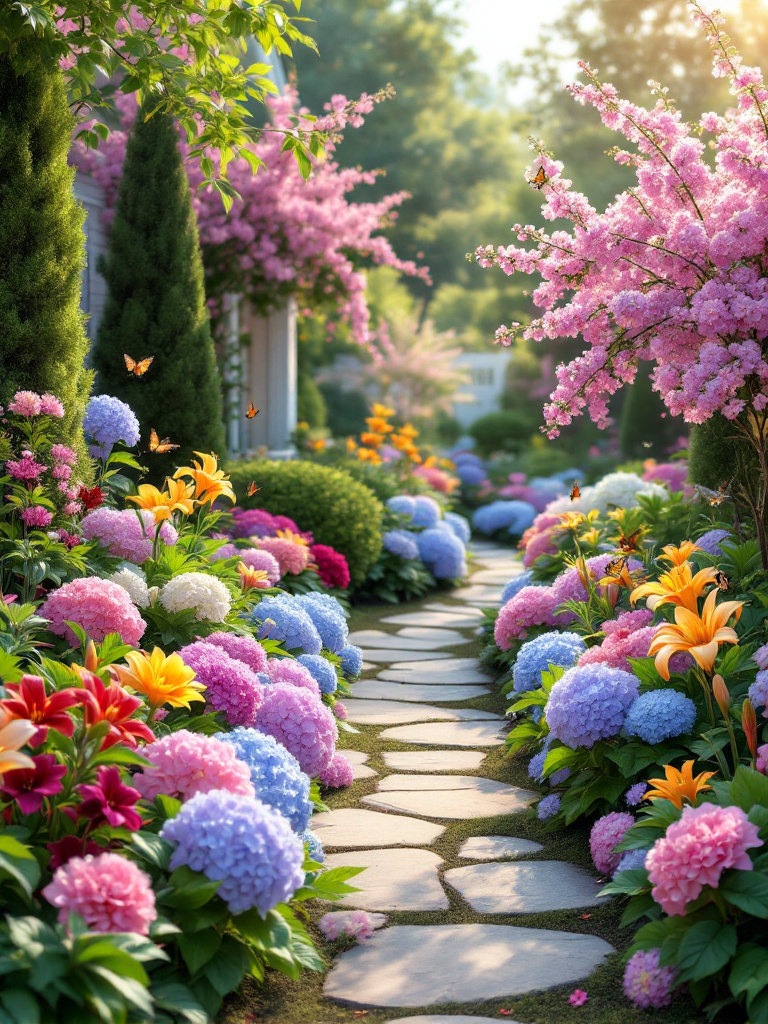 Create a stunning backyard landscape with the perfect mix of flowering plants like hydrangeas, peonies, and daylilies. 