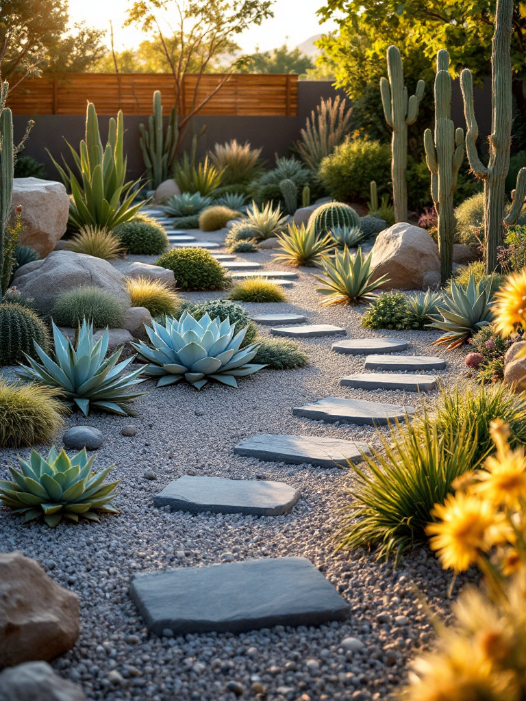 Design a low-maintenance backyard garden with hardy succulents, cacti, and gravel mulch.