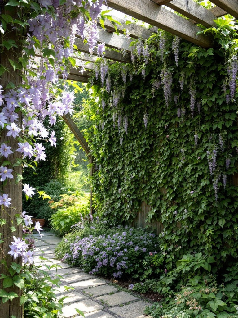 Enhance your backyard with climbing plants like clematis, wisteria, and ivy to create vertical interest. 