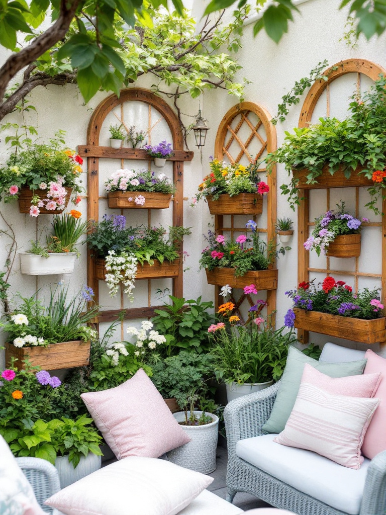 small backyard with trellises and wall-mounted planters