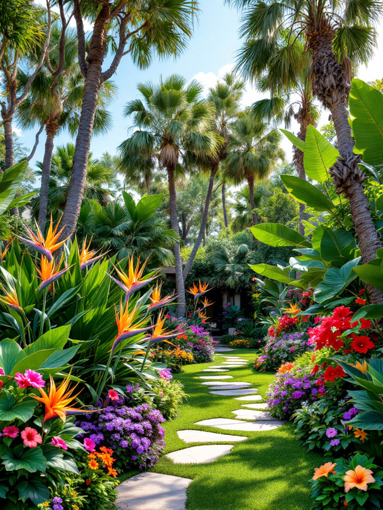 Design a backyard paradise by planting a mix of tropical plants like bird of paradise, hibiscus, and palm trees. 