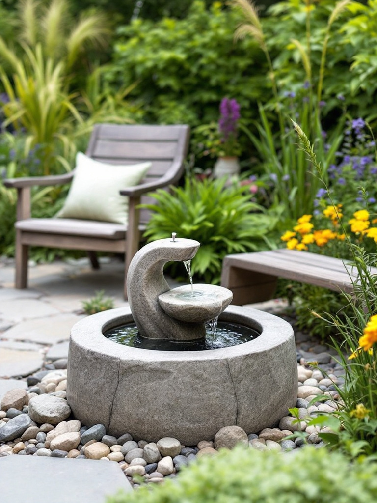 A water feature installation, such as a fountain or birdbath, near a seating area in the backyard.