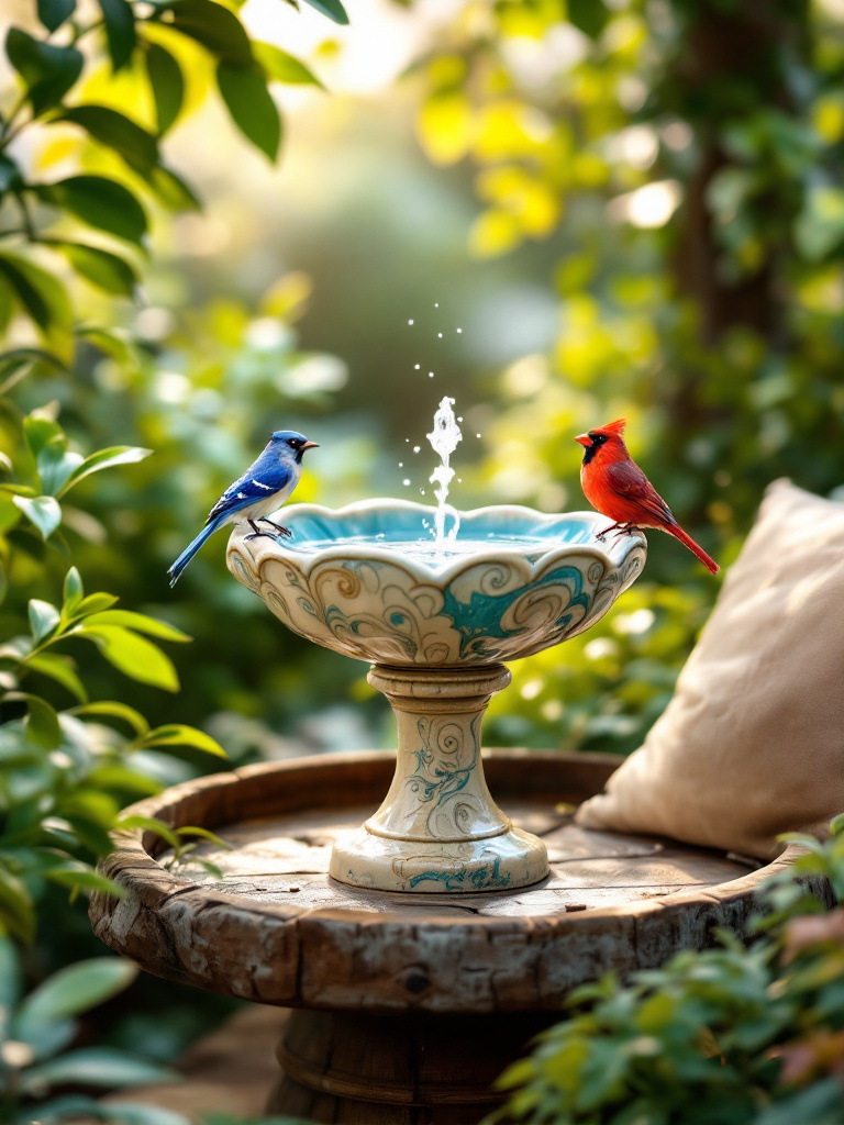 A simple water feature like a fountain or birdbath near a seating area, attracting birds and providing soothing sounds, enhancing the calming effects of the landscape.