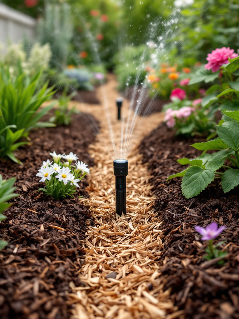  low-maintenance garden with mulch retaining moisture and suppressing weed growth, and an efficient irrigation system.