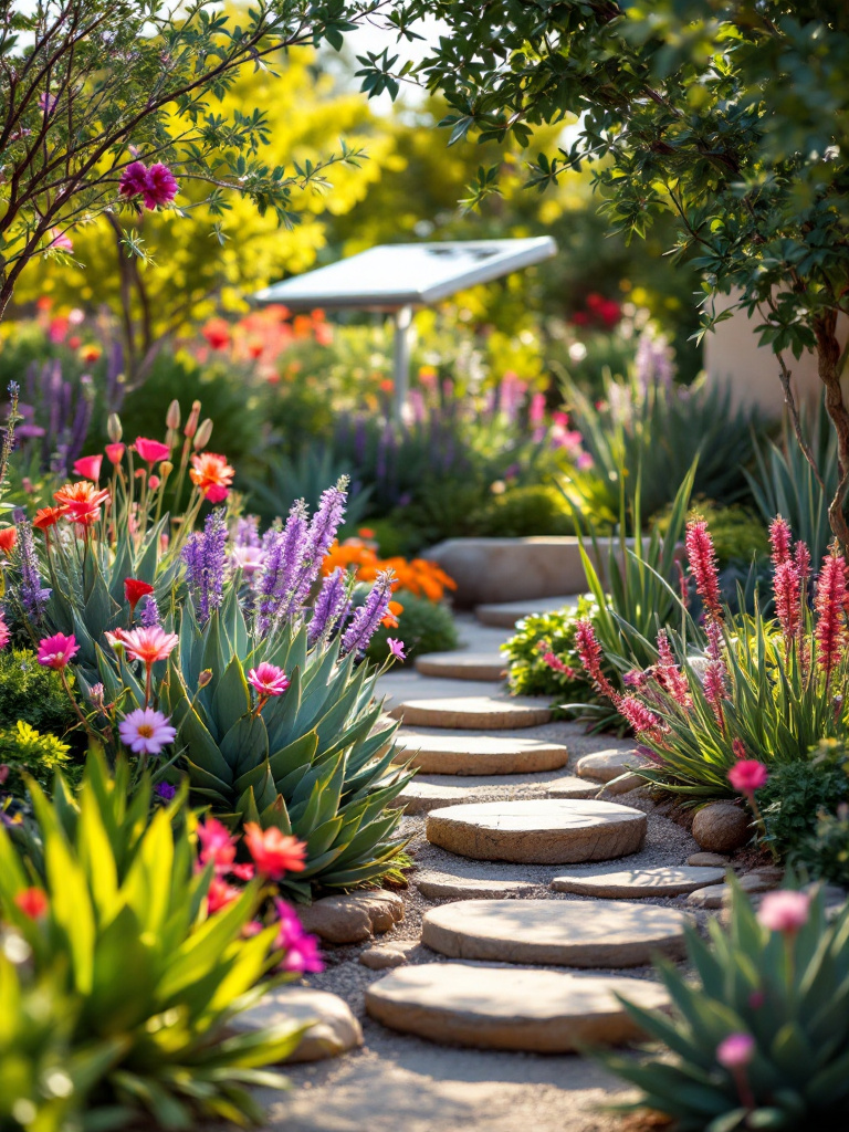 A variety of drought-resistant plants grouped together in a garden, with a water-efficient irrigation system in the background.