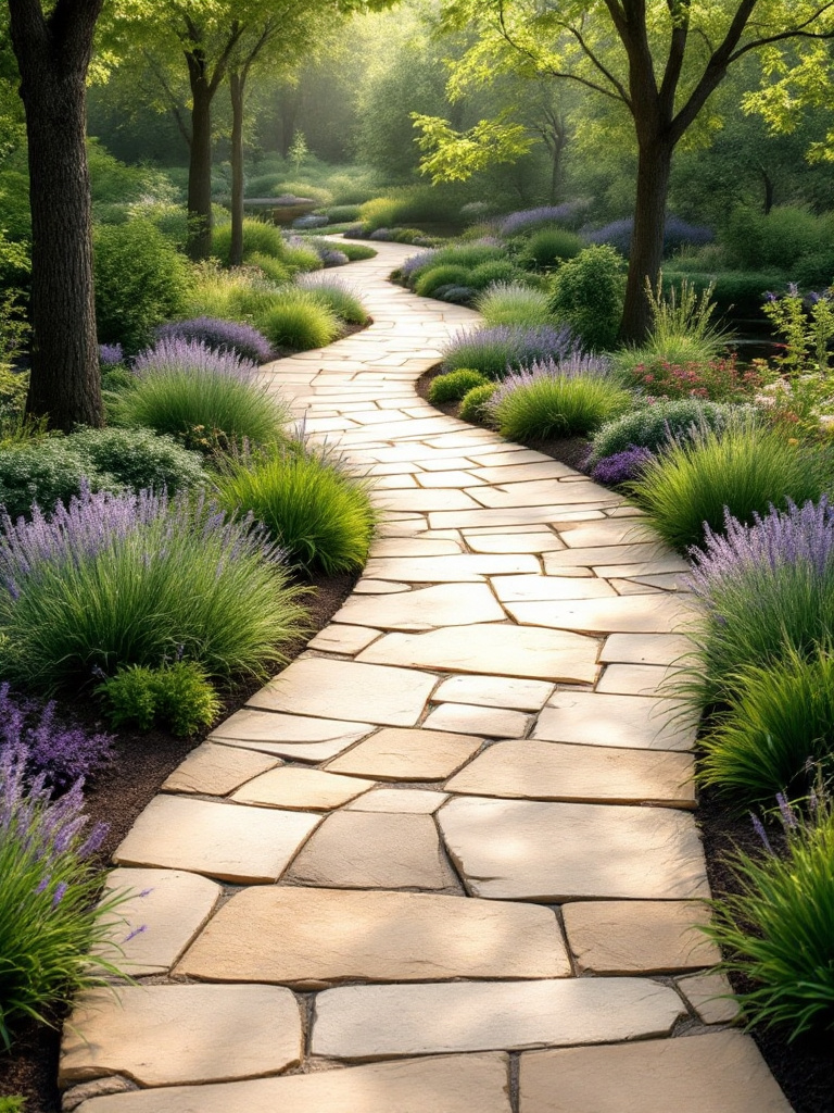 A well-designed path system made of natural stone, guiding visitors through the garden and creating a smooth flow, with seating areas along the path.