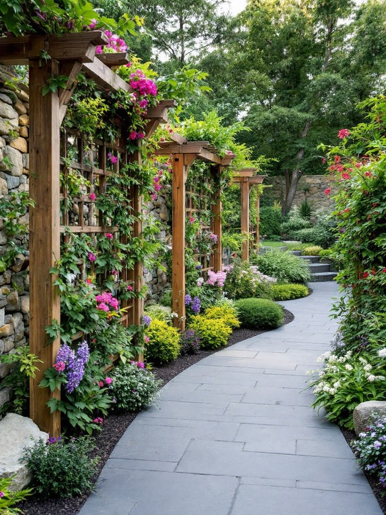 A yard with various hardscape features, including natural stone edging, walls, and wooden trellises.