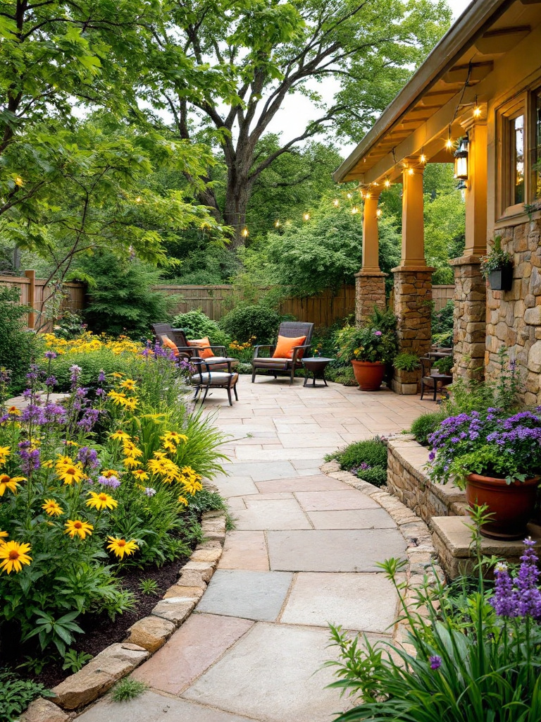 A well-landscaped yard with a mix of native plants, a small patio, and a winding path, showcasing increased property value and aesthetic appeal.