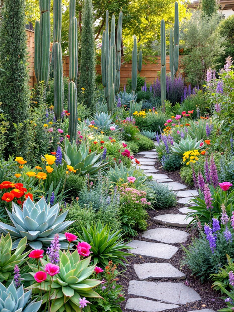 A beautifully designed backyard with a mix of drought-resistant plants, native species, and different flower heights.