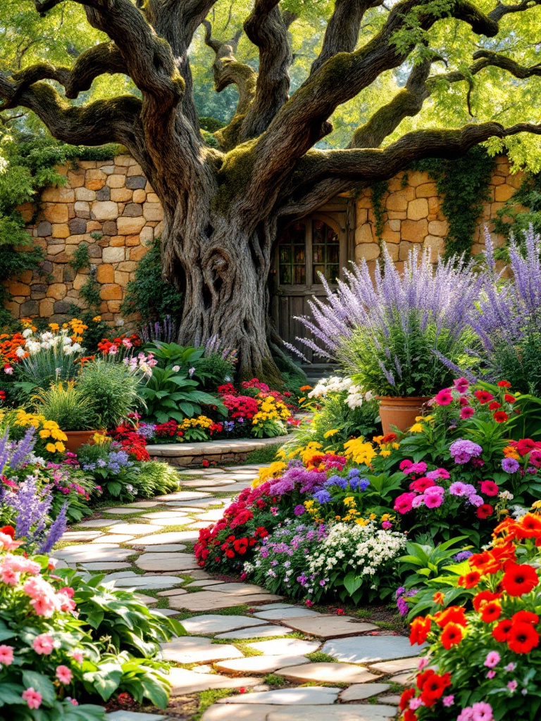 A garden with a mix of perennials and annuals, showing continuous color throughout the seasons, with a variety of textures and leaf shapes adding depth.