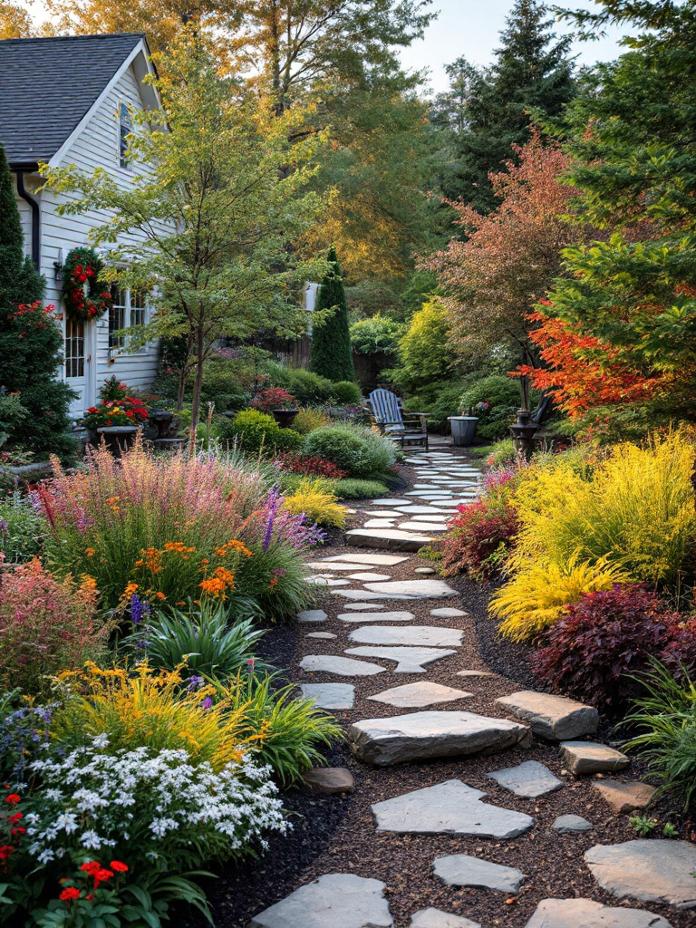 A beautifully landscaped yard with native plants, evergreens, and seasonal decorations, maintaining year-round appeal and freshness, with efficient irrigation and mulch usage.