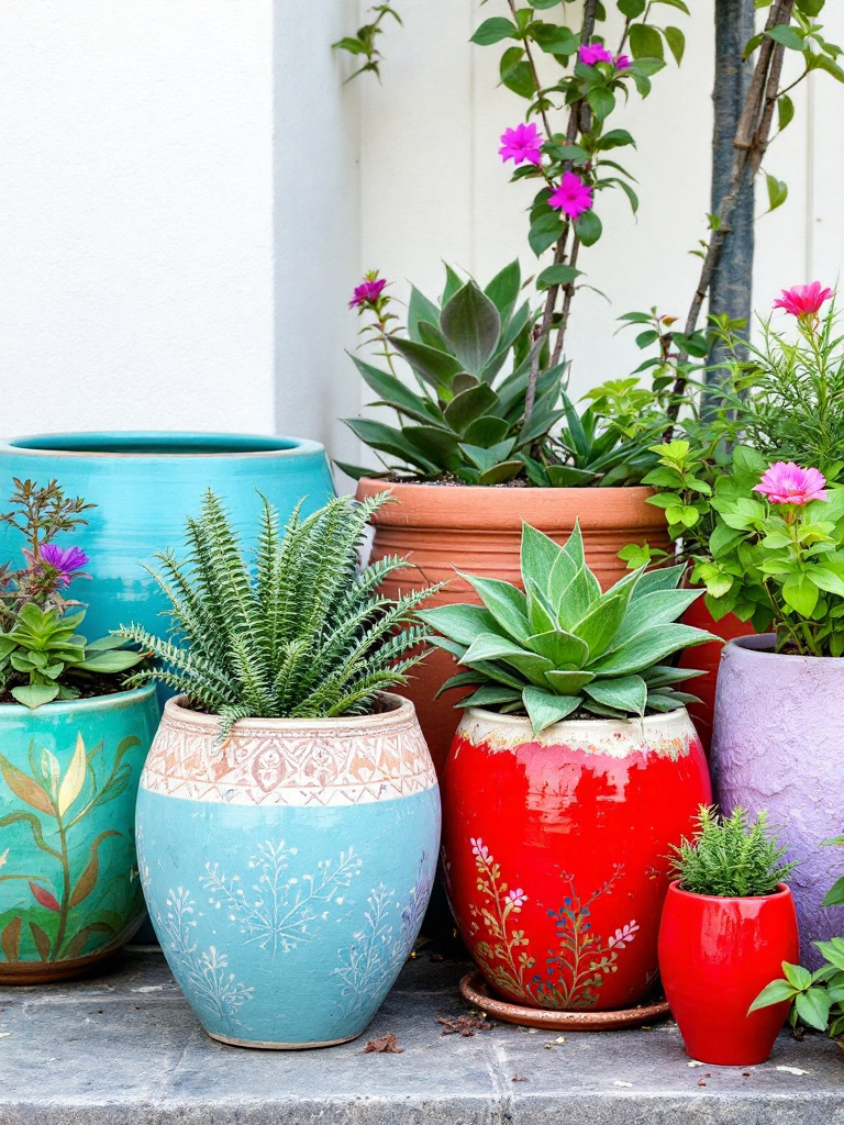 Bold-colored pots and mixed-texture arrangements in a container garden, adding vibrancy to a small backyard.