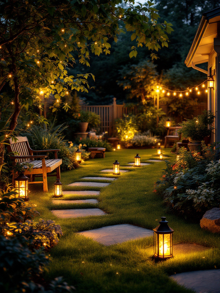 Solar path lights, lanterns, and string lights illuminating a backyard at night, creating a cozy and inviting atmosphere.