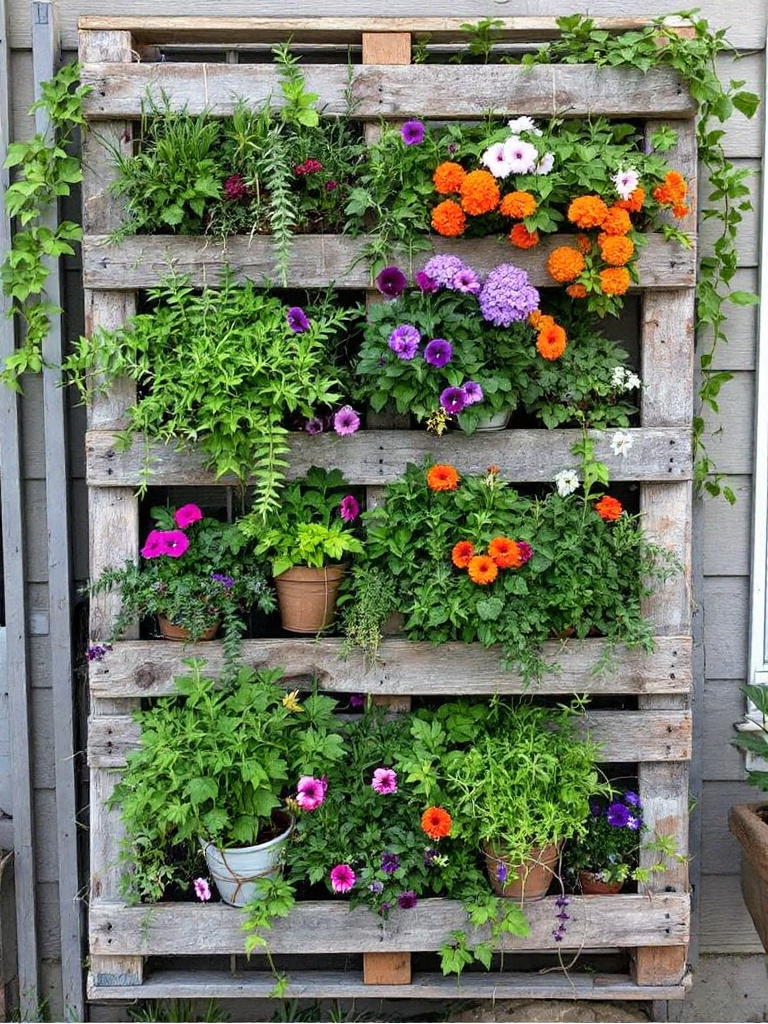 A vertical garden made from repurposed wooden pallets, with a variety of plants and herbs.