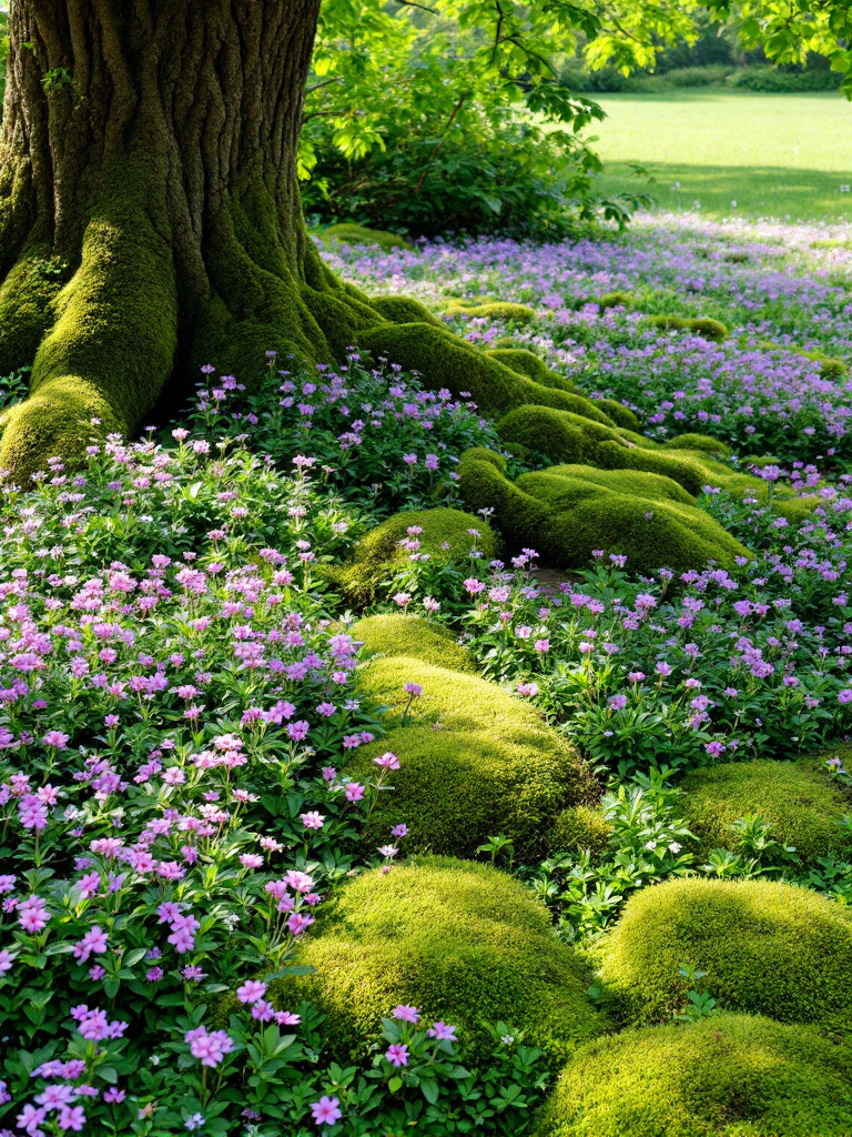 A low-maintenance groundcover area with creeping thyme, clover, and other spreading plants, covering a large area efficiently.