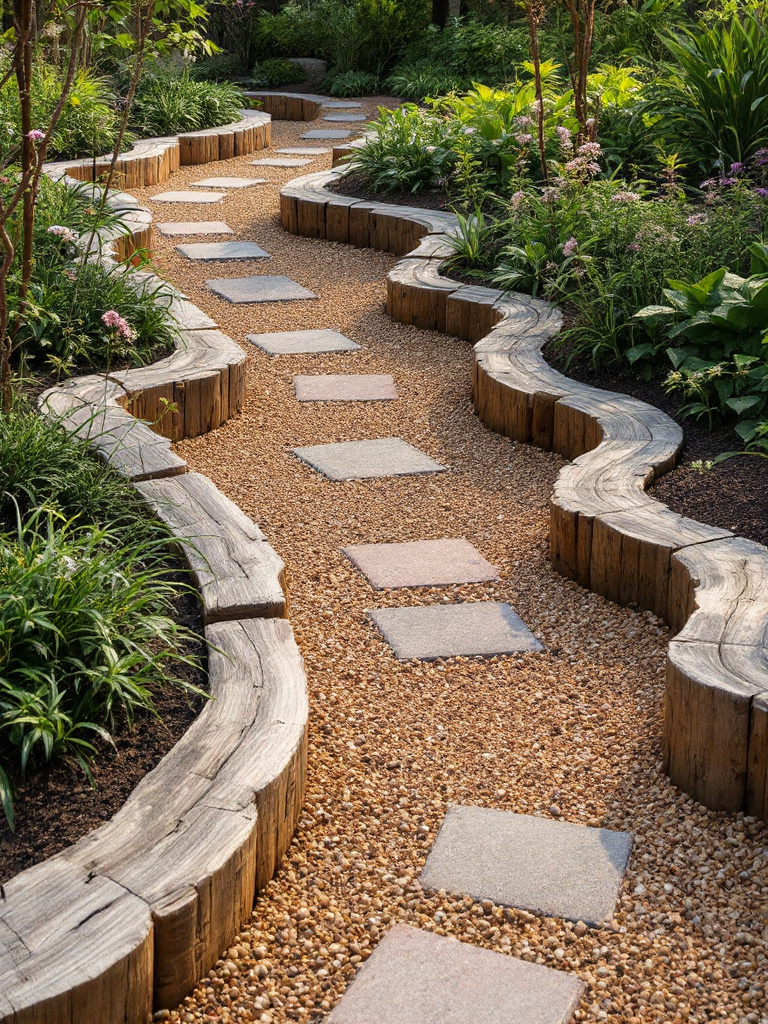 An eco-friendly hardscaping project using reclaimed wood and permeable materials like gravel and pavers, with a natural curve design.