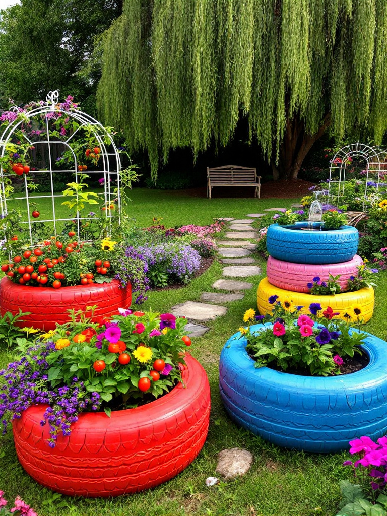 Old tires transformed into colorful planters and garden seats in a creative backyard setup.