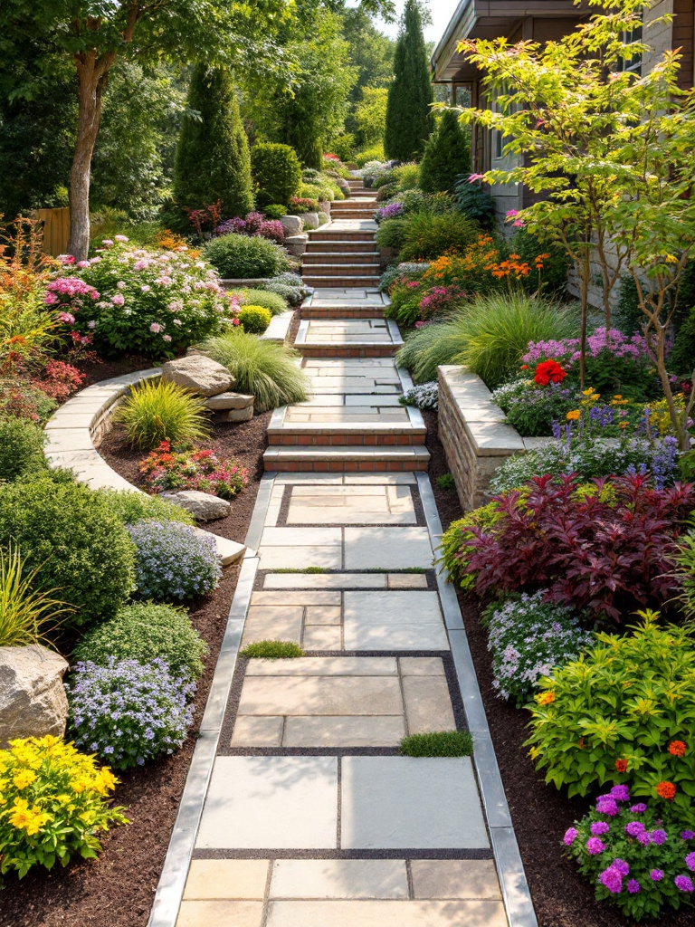 A garden with defined spaces using brick, stone, or metal edging, separating garden beds from lawns for a neat appearance.