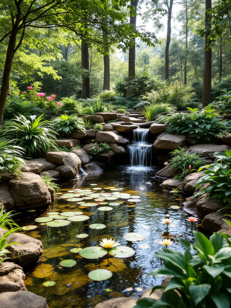 A DIY water feature like a small pond or meandering waterfall, made using affordable pumps and pond liners, and surrounded by lush vegetation.