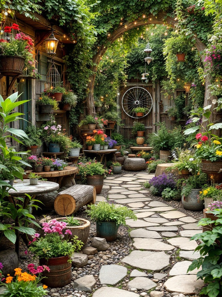 A decorative outdoor space with recycled materials like old watering cans, hollowed-out logs, and bird cages repurposed as planters.