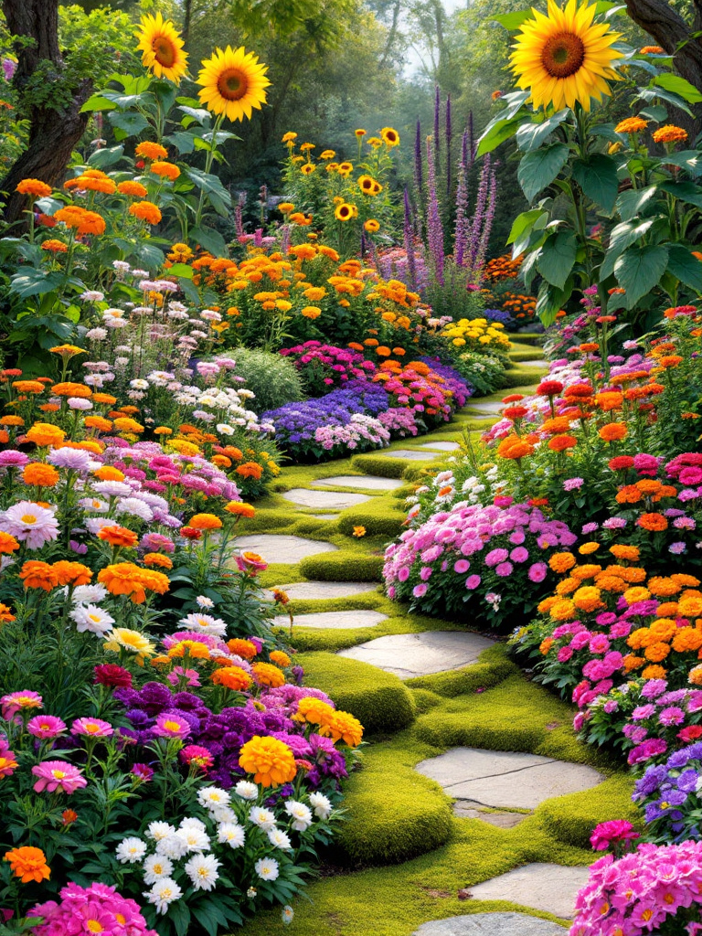 A garden with economical annual flowers like marigolds and zinnias, mixed with perennials for extended blooming periods.