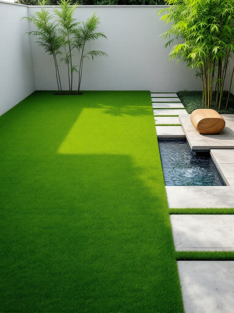 A minimalist backyard landscape featuring a large open lawn with crisp edges. Modern, rectangular stone slabs form a path that cuts through the grass, leading to a quiet corner with a small water feature. 