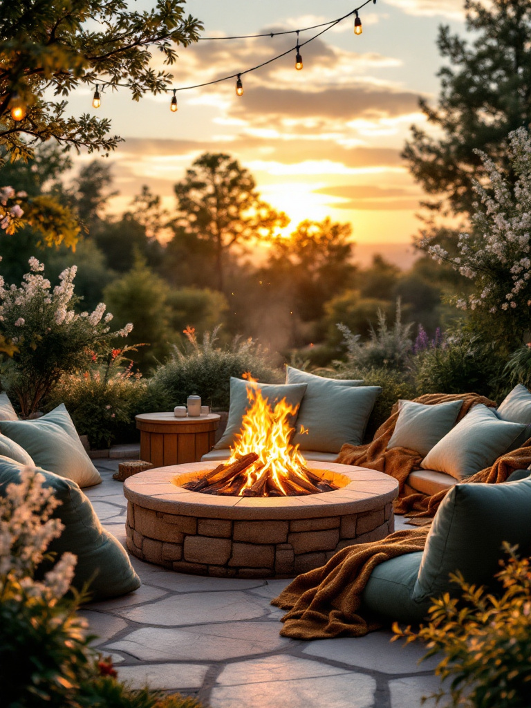 backyard in the evening with a cozy firepit area for relaxing