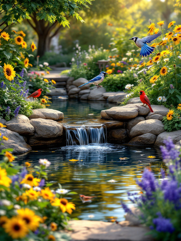 Backyard with a small pond and water feature attracting birds