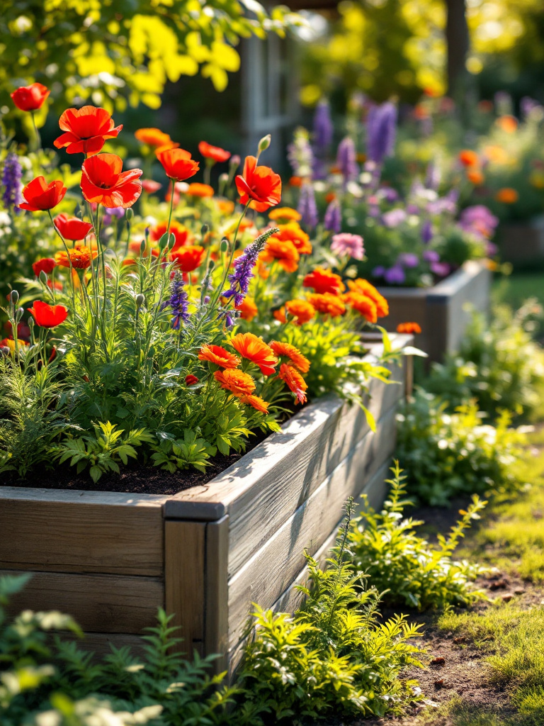 Backyard with raised garden beds full of colorful flowers