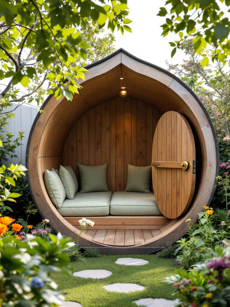 small backyard with seating area that is an otterman that doubles as storage