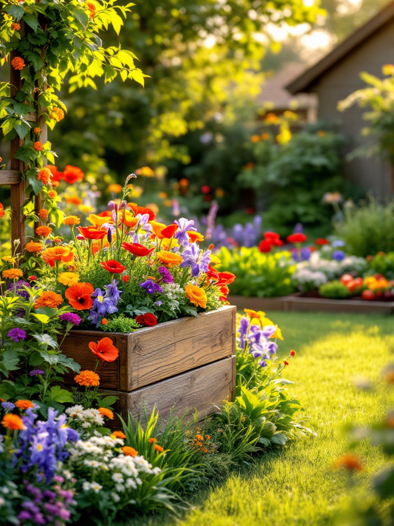 backyard landscape with colorful flowers and vegetable garden