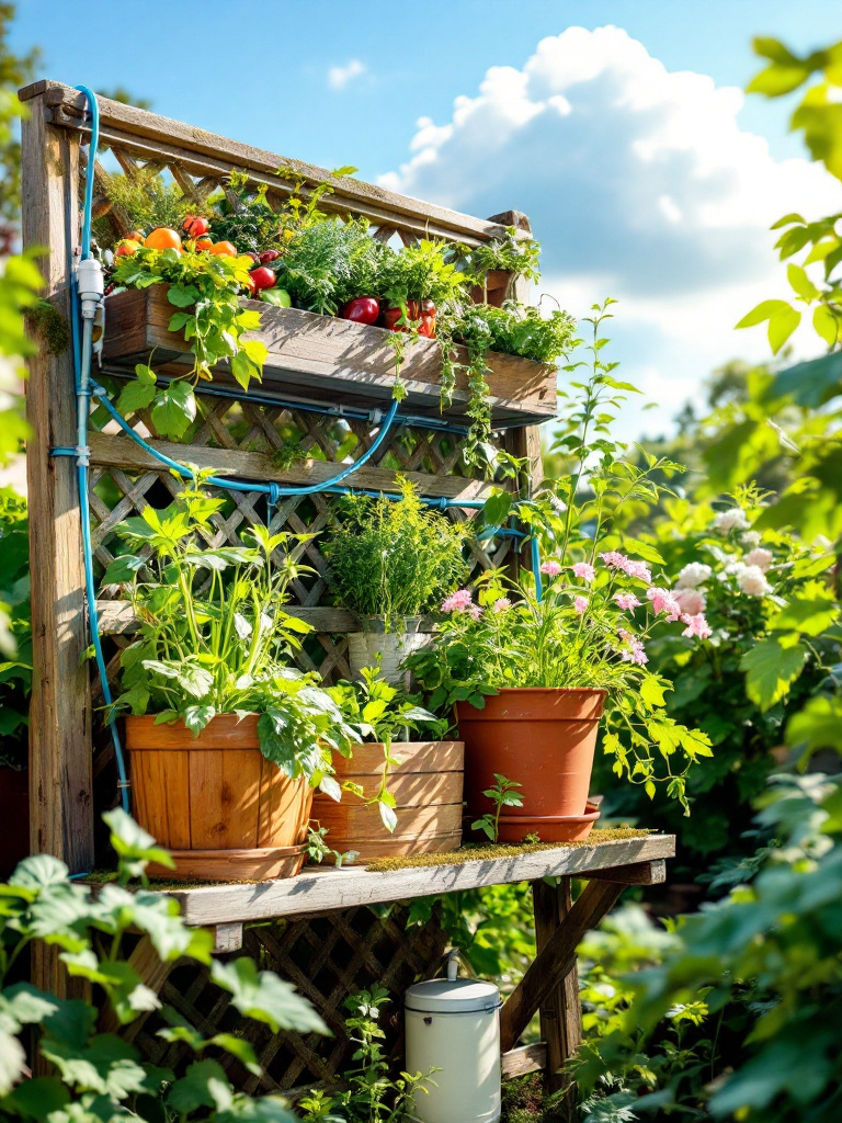 backyard container vegetable garden watered by a drip system