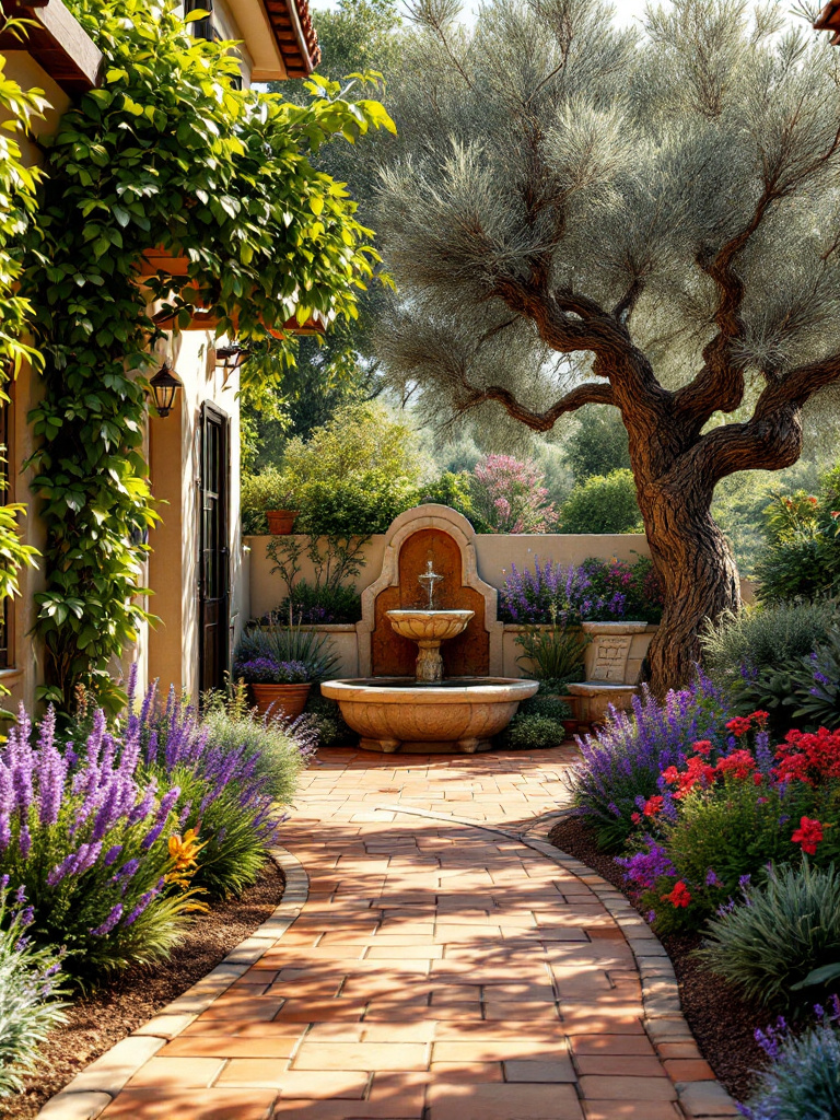 Terracotta tiles and a cobblestone path lead to a shaded pergola with climbing vines. Olive trees, lavender bushes, and fragrant herbs are planted throughout the garden, giving it a lush, aromatic feel. 