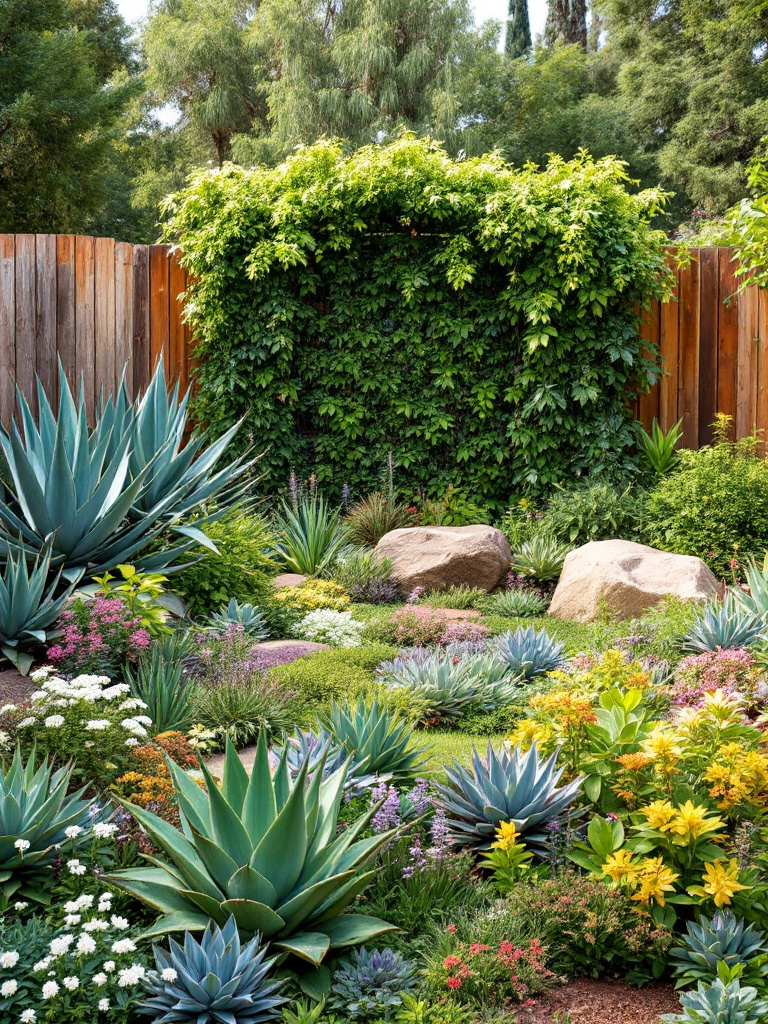 Backyard landscape with draught tolerant plants