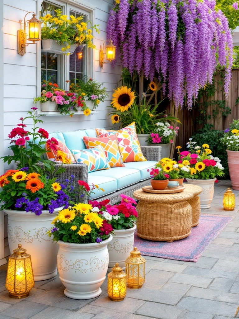 Backyard with colorful accents Vibrant cushions, bright planters