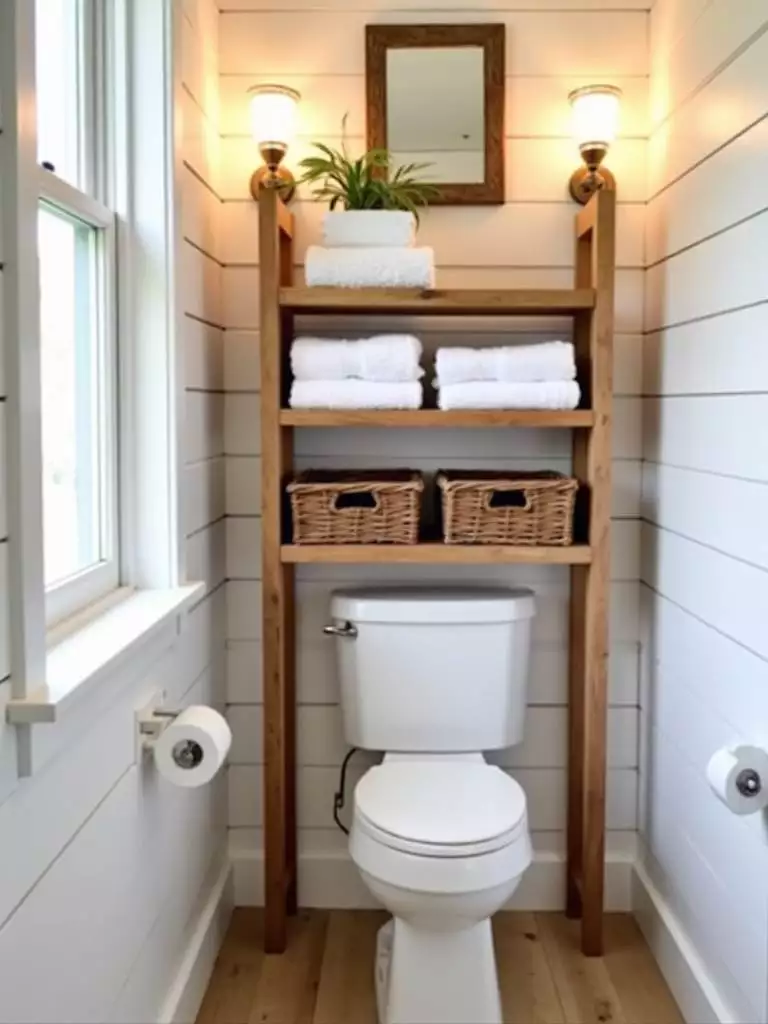 Small farmhouse bathroom featuring a wooden over-the-toilet shelving unit, providing practical storage for towels and baskets in the white shiplap and light wood room.