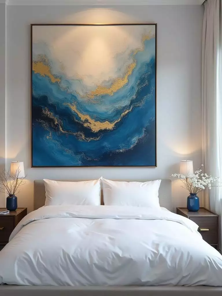 Bedroom wall showcasing abstract blue and gold wall art in a modern, minimalist setting with soft diffused lighting.