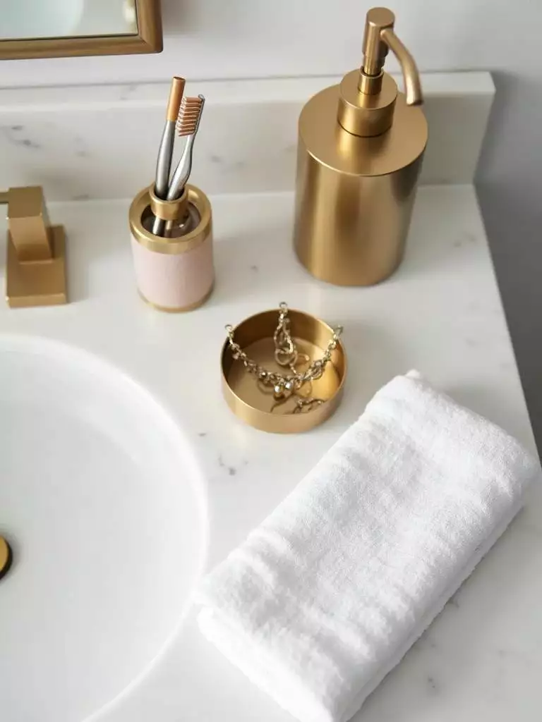 Close-up view of stylish bathroom accessories on a white marble vanity countertop, featuring brass soap dispenser, toothbrush holder, jewelry tray, and a neatly folded white hand towel, showcasing elegant and functional details.