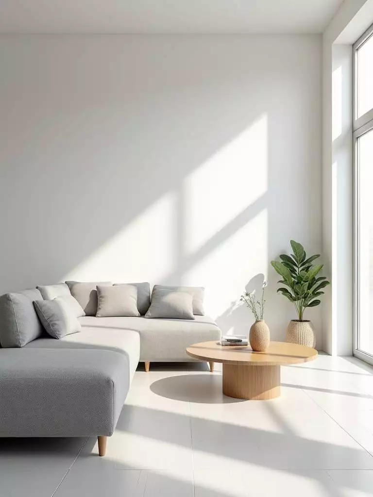 Minimalist living room with white walls, low-profile sofa, and minimal decor, emphasizing open space and clean lines.