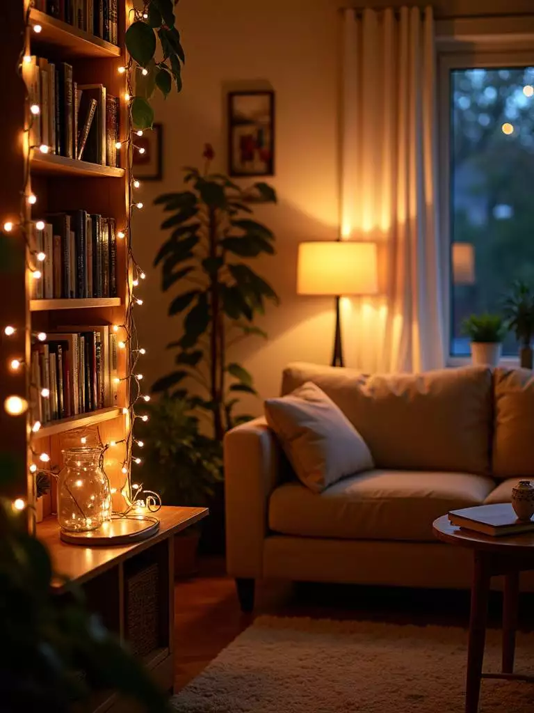 Cozy living room at dusk, illuminated by warm string lights and table lamps, creating a relaxing ambiance.