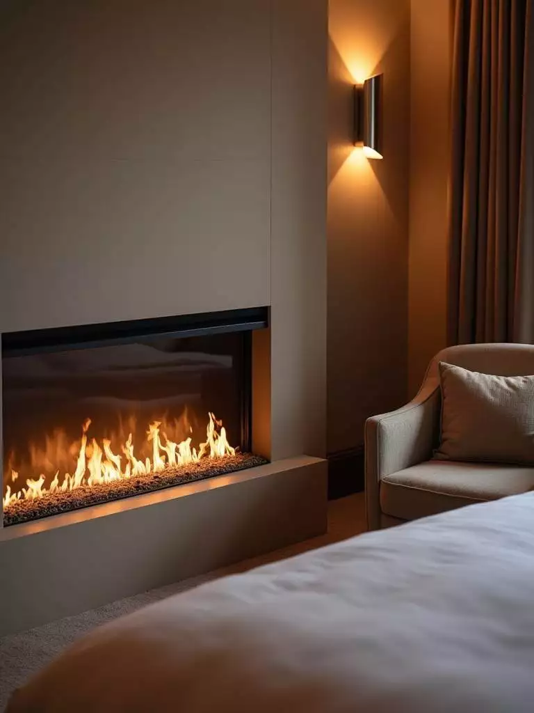 A luxury bedroom featuring a modern linear gas fireplace built into the wall, with a comfortable seating area in front and soft ambient lighting.