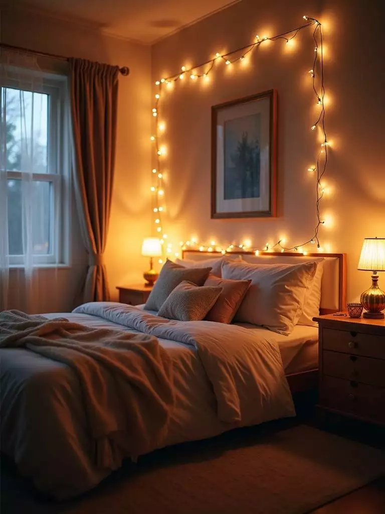 Cozy bedroom illuminated by soft ambient string lights, creating a gentle and magical atmosphere.