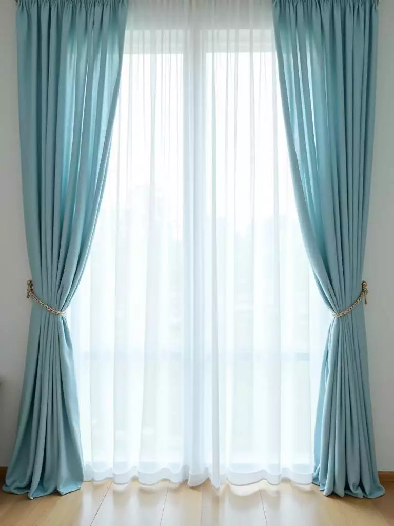 Bright and airy bedroom with tall windows draped in powder blue sheer curtains, filling the room with soft natural light.