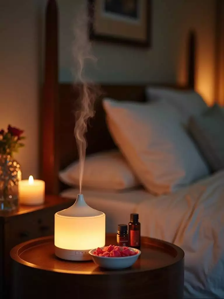 Bedside table with essential oil diffuser and candlelight, creating a romantic scent atmosphere.