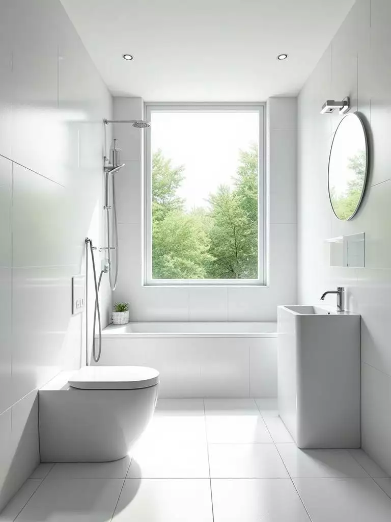 Small minimalist bathroom bathed in bright natural light, featuring an all-white color scheme on walls, floor, and fixtures, maximizing visual space and brightness.