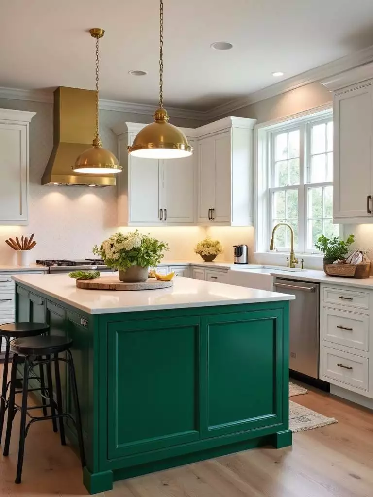 A luxury kitchen features a bold emerald green kitchen island with gold hardware, contrasted against white perimeter cabinets, creating a dramatic and colorful culinary space.