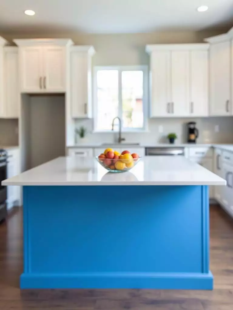 Modern white kitchen with a vibrant blue kitchen island as a bold color pop.